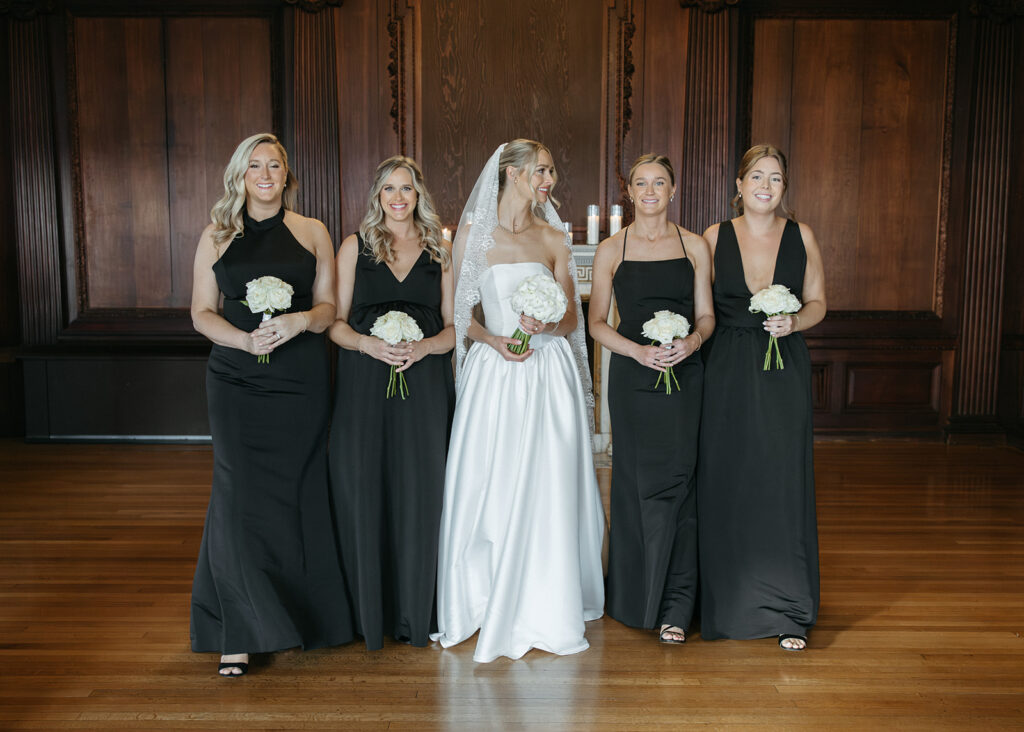 bridesmaids photos walking with the bride